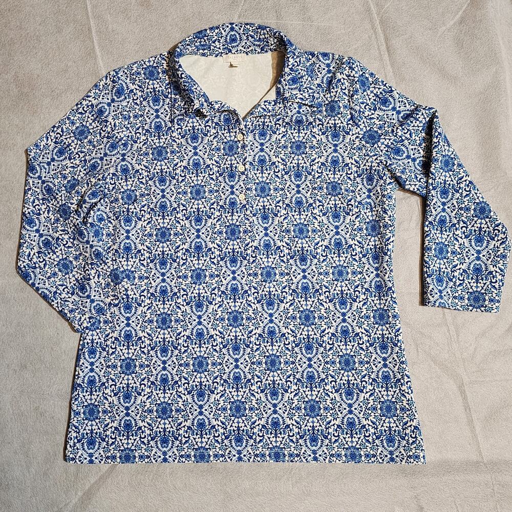 Talbots Blouse Blue White Geometric Medallion Print Long Sleeve Polo Top Size M